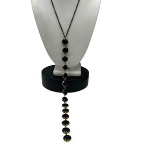 Lena Bernard Signed Stepping Stone Bezel Round Goldstone Long Y Drop Necklace